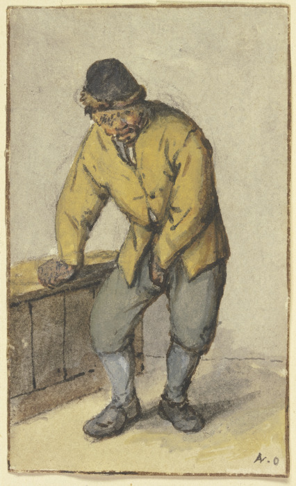 Stehender Bauer von vorn, seine Hose aufknöpfend od Adriaen van Ostade