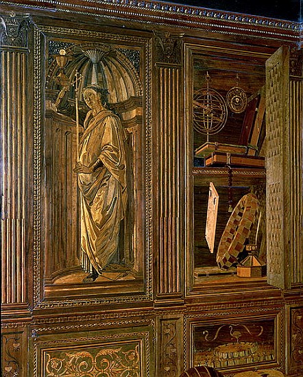 The Study of Federigo da Montefeltro, Duke of Urbino: intarsia panelling depicting (L) a cupboard co od Baccio Pontelli