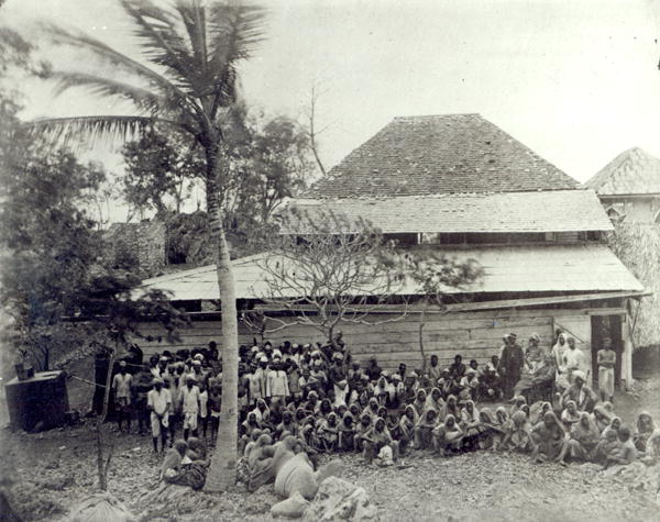 Plantation Workers on arrival from India, mustered at Depot, c.1891 (b/w photo)  od English Photographer