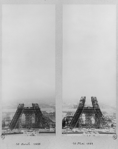 Two views of the construction of the Eiffel Tower, Paris, 10th April and 10th May 1888 (b/w photo)  od French Photographer