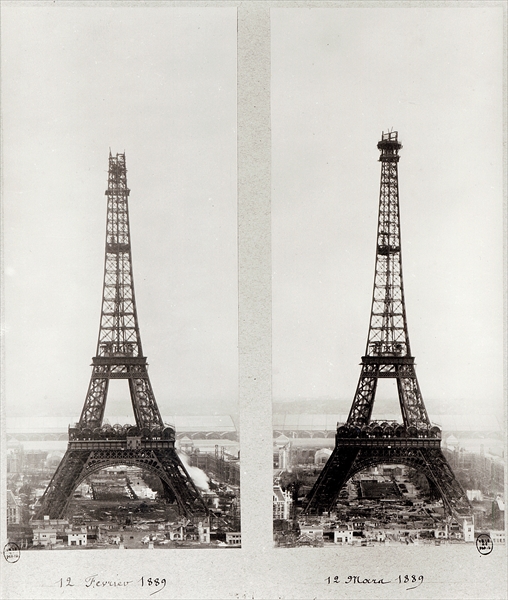 Two views of the construction of the Eiffel Tower, Paris, 12th February and 12th March 1889 (b/w pho od French Photographer