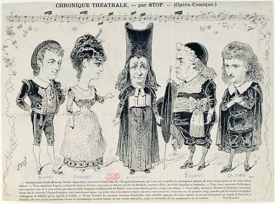 Five caricatures of the cast of a French production of ''The Barber of Seville'', od Gioachino Rossini