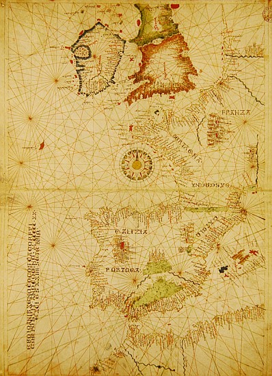 The Atlantic Coasts of Europe and Africa, from a nautical Atlas, 1520(see also 330911-330912) od Giovanni Xenodocus da Corfu