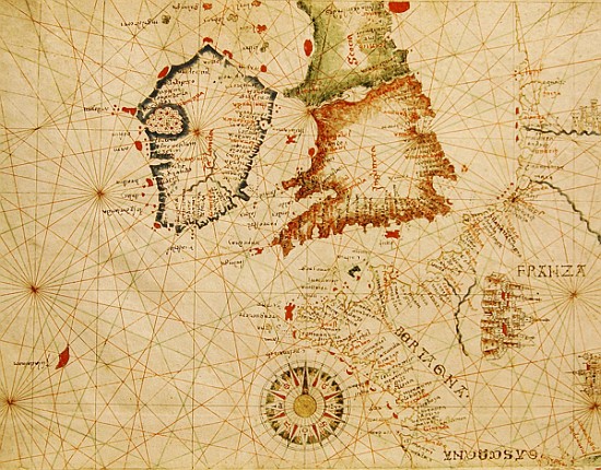The French Coast, England, Scotland and Ireland, from a nautical atlas, 1520(detail from 330910) od Giovanni Xenodocus da Corfu