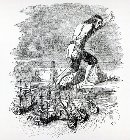 Gulliver stealing the Blefuscudian fleet, illustration from ''Gullivers Travels'' Jonathan Swift od Grandville (Jean Ignace Isidore Gerard)