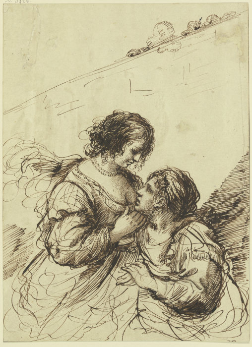 Vor einer hohen Mauer zwei Frauen einander liebkosend od Guercino (Giovanni Francesco Barbieri)