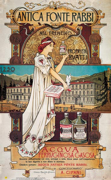 Poster advertising medicinal water from the 'Antica Fonte di Rabbi nel Trentino' od Italian School