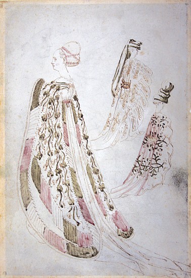A woman and two men wearing long coats, c.1450 od Italian School