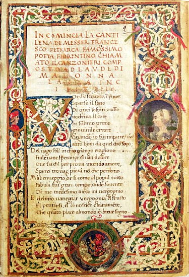 Ms.392 fol.1 Song in praise of Laure, from ''Sonetti, Canzoni e Triomphi'' Petrarch (1304-74) 1470 od Italian School