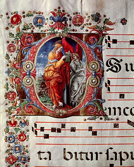 The Annunciation, historiated initial ''O'', detail of a page from an antiphonal, c.1473-79 od Liberale (Bonfanti) da Verona
