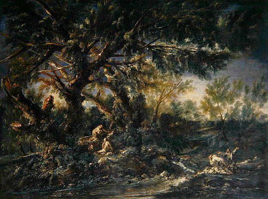 Landscape with Monks praying, or The Great Wood (oil on canvas) od A. Magnasco