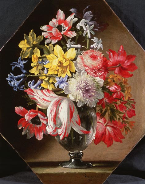 A Glass Vase of Flowers on a Stone Ledge Containing Tulips, Chrysanthemums, Roses and Bluebells od Abraham Brueghel