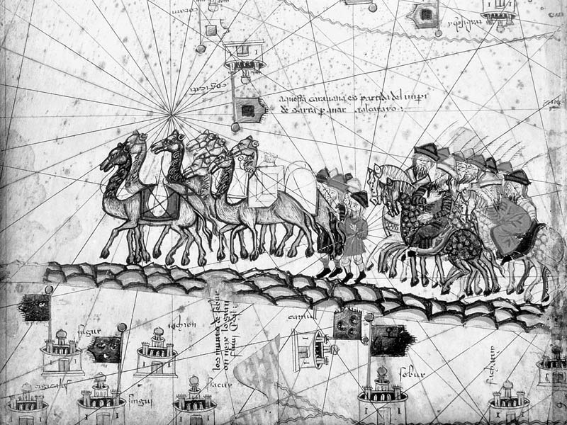 Ms Esp 20 panel 4 Caravans Crossing The Urals on the way to Cathay, from the Catalan Atlas of Charle od Abraham Cresques