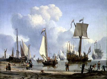 Ships in Calm Water with Figures by the Shore od Abraham J. Storck