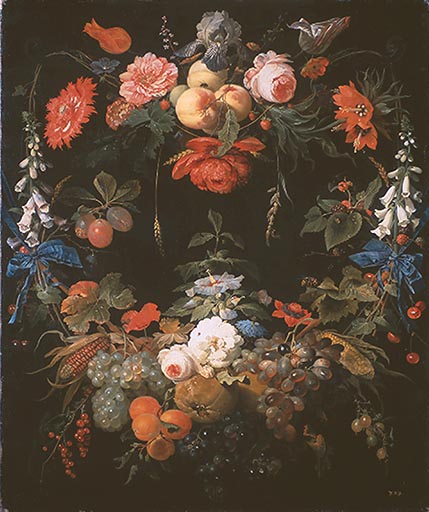 Ein Blumenund Fruechtekranz od Abraham Mignon