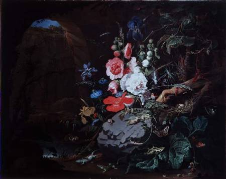 Flowers and birds in a cave od Abraham Mignon