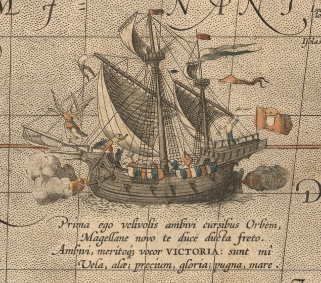 The Victoria, a Spanish carrack, ship of Ferdinand Magellan’s Armada de Molucca. (Aus "Maris Pacific od Abraham Ortelius