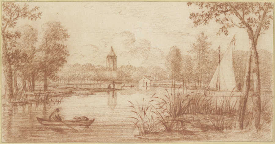 Flussgegend zwischen Bäumen, rechts ein Segelschiff, links ein Boot, im Hintergrund ein Turm od Abraham Rutgers