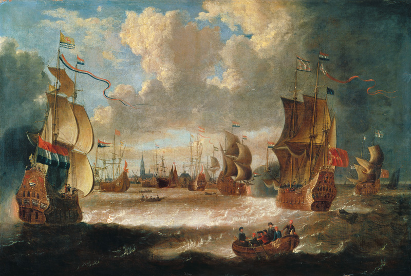 Ships in a lagoon od Abraham Storck