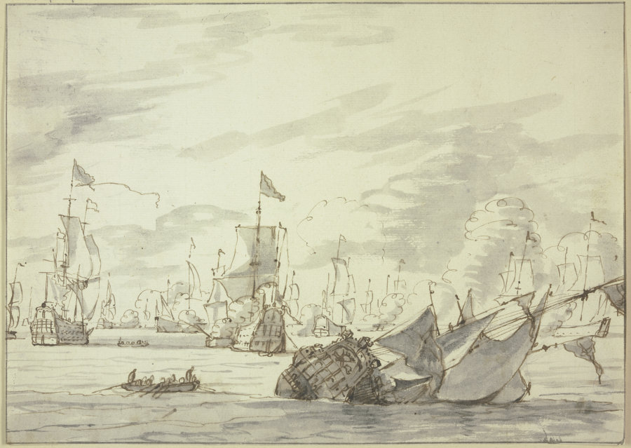 Seegefecht, vorne rechts ein sinkendes Schiff od Abraham Storck d. Ä.