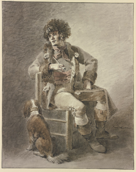 Auf einem Stuhl sitzt ein Mann die Pfeife in der Hand, dabei ein Hund od Abraham Teerlink
