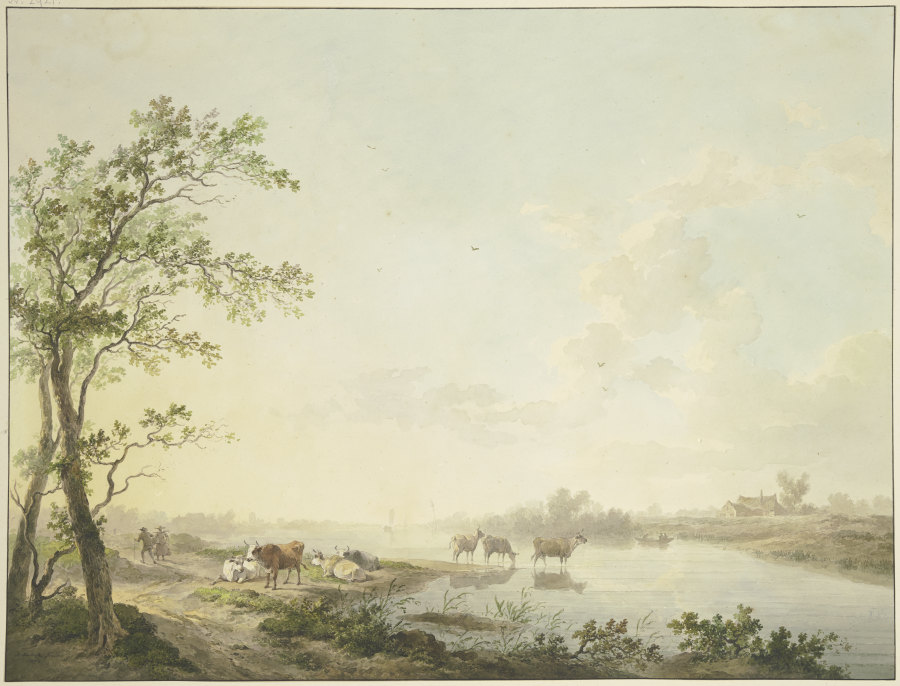 Nebliger Morgen an einem Flusse, am Ufer sieben Kühe, zum Teil im Wasser stehend od Abraham Teerlink