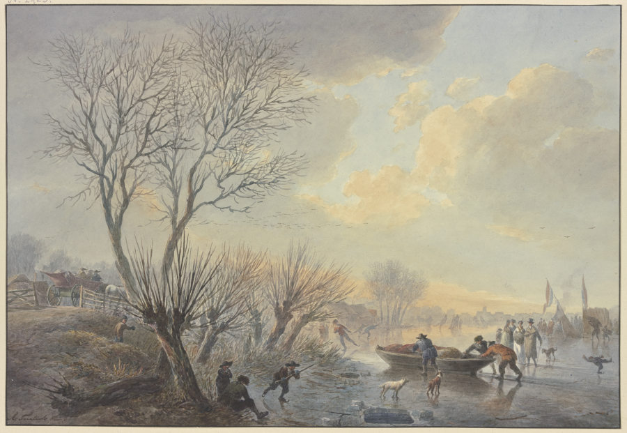 Winterlandschaft, auf dem Eis schieben drei Männer ein Boot dem Land zu, dabei zwei Hunde stehend od Abraham Teerlink