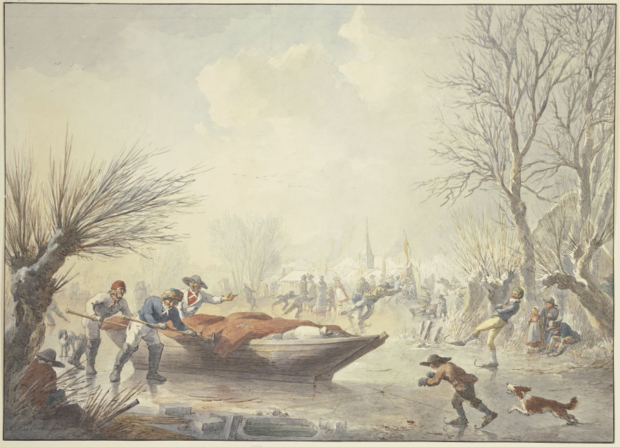 Winterlandschaft, auf dem Eis schieben drei Männer ein Boot dem Land zu, rechts ein Schlittschuhläuf od Abraham Teerlink