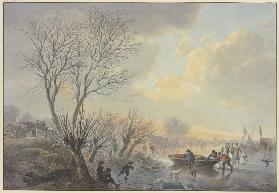 Winterlandschaft, auf dem Eis schieben drei Männer ein Boot dem Land zu, dabei zwei Hunde stehend