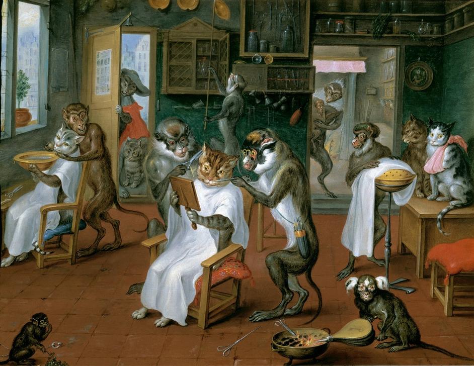 Barbierstube mit Affen und Katzen od Abraham Teniers