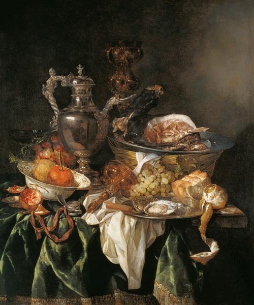 Still Life with a Silver Wine Jar with a Reflected Portrait of the Artist od Abraham van Beyeren