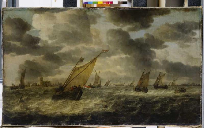 Die Mündung der Maas mit Segelbooten und Ruderkahn, im Hintergrund Dordrecht od Abraham van Beyeren