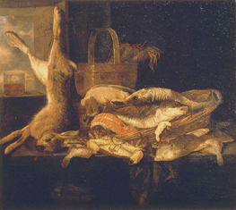 Stillleben mit Fischen und totem Hasen od Abraham van Beyeren