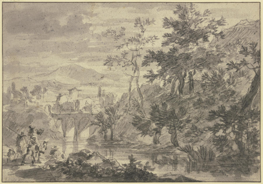 Landschaft mit einem mit Weiden bewachsenem Fluß, über welchen eine Brücke mit drei Bogen führt, vor od Adam Pynacker