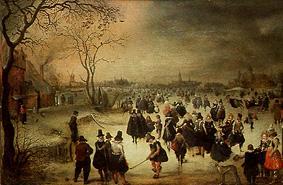 Winter landscape with ice-skaters on a channel od Adam van Breen