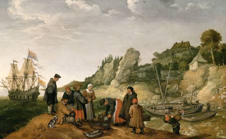 Fisherman unloading and selling their catch on a rocky shoreline od Adam Willaerts