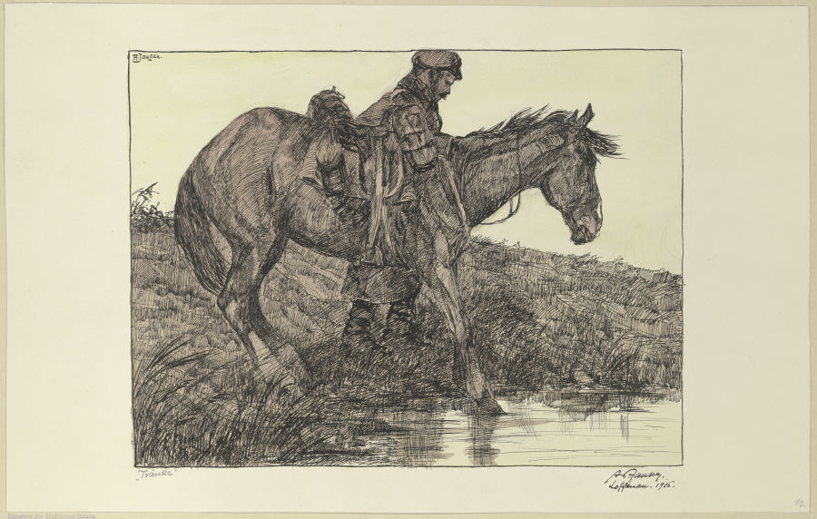 Tränke. Soldat mit Pferd am Wasser od Adolf Jansen