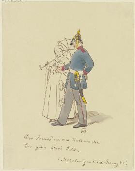 Preußischer Soldat und junge Frau mit Schirm
