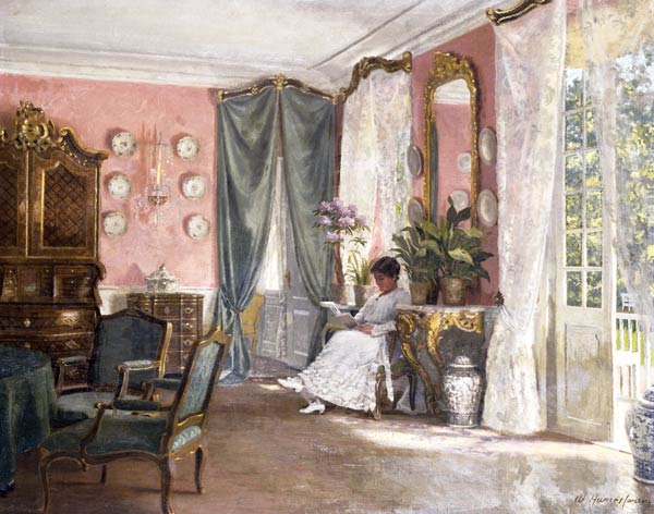 Lesende in einem Gartenzimmer. od Adolf Heinrich Hansen
