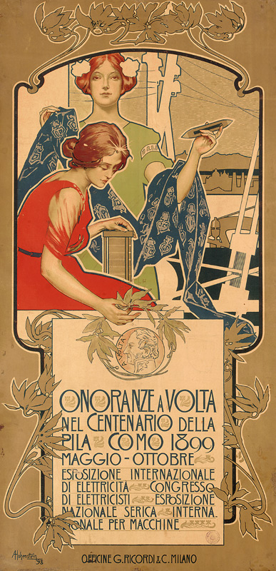 Poster advertising the exhibition of electrical products held in honor of the 100th anniversary of t od Adolfo Hohenstein