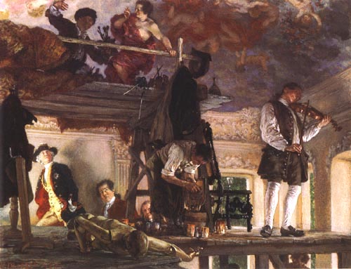 Le prince héritier Frédéric rend visit au peintre Pesne sur son échafaudage at Rheinsberg od Adolph Friedrich Erdmann von Menzel