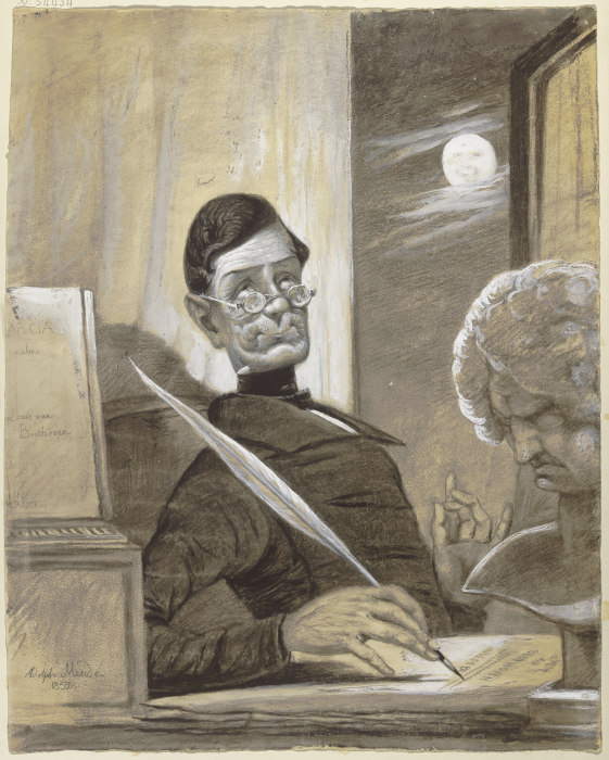 Der Musikschriftsteller Anton Schindler bei Mondschein an seinem Schreibtisch sitzend, neben ihm die od Adolph Mende
