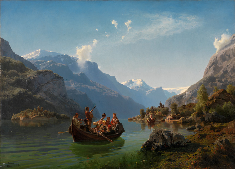 Brautfahrt auf dem Hardanger-Fjord od Adolph Tidemand