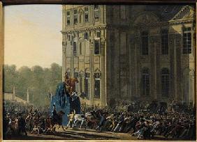 Transporting the Statue of Henri IV (1553-1610) in Front of the Flora Pavilion of the Louvre