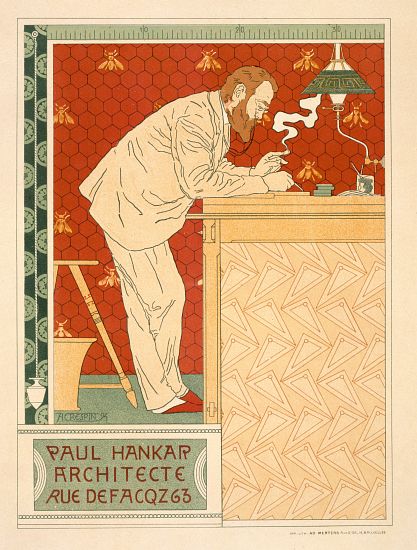 Reproduction of a poster advertising the architectural practice of Paul Hankar od Adolphe Louis Charles Crespin