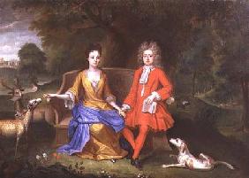 Portrait of Sir Charles Shuckburgh and his wife, Diana, with Shuckburgh Hall, Warwickshire in the ba