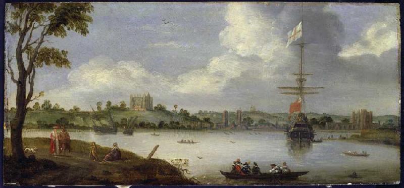 Look at the GreenwichPalast of the northeast with a warship in front of anchor od Adriaen van Stalbemt