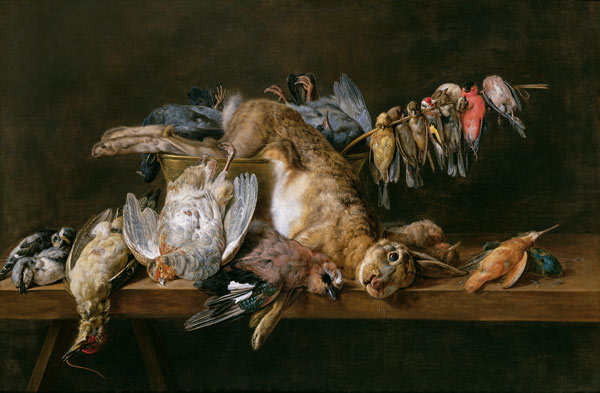 Still life of dead birds and a hare on a table od Adriaen van Utrecht