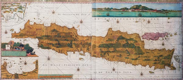 Insulae lavae, a large folding map of Java with two insets both depicting views of Batavia (Jakarta) od Adrian Reland