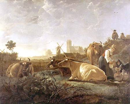 A Distant View of Dordrecht with Sleeping Herdsman and Five Cows ('The Small Dort') od Aelbert Cuyp